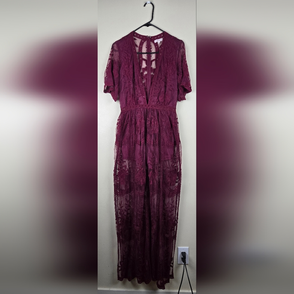 Honey Punch Endless Lace Romper Maxi Dress Size Medium Burgundy Wine Size M - Picture 3 of 7